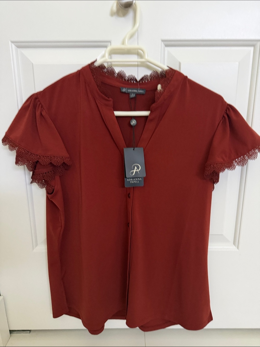 Adrianna Papell Rust Button-Front Blouse with Lace-Trim Sleeves